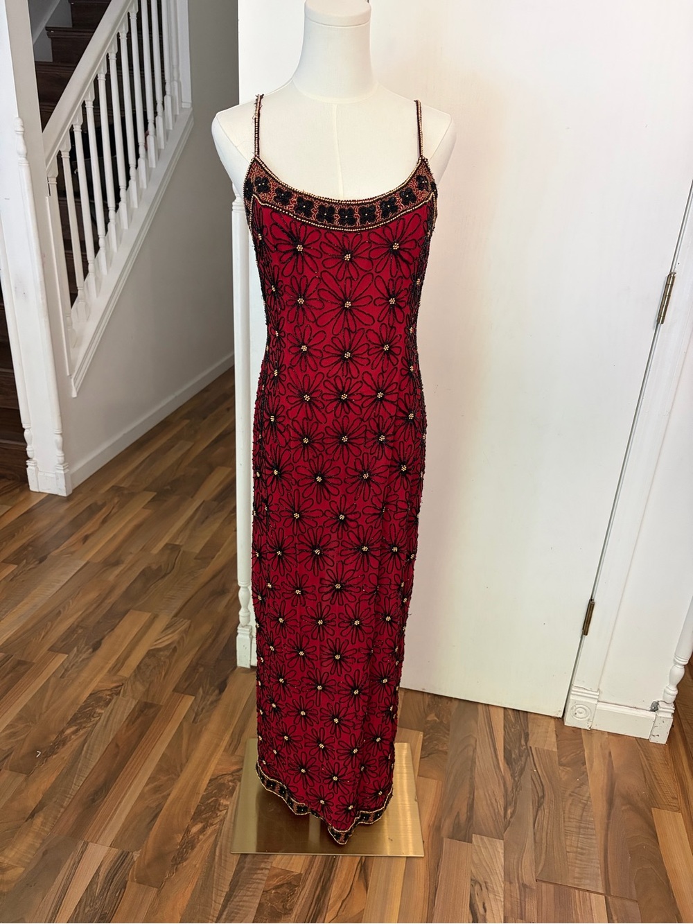 Vintage 90s Red Beaded Floral Daisy Gold Black Formal Gown, GORGEOUS, Size 6